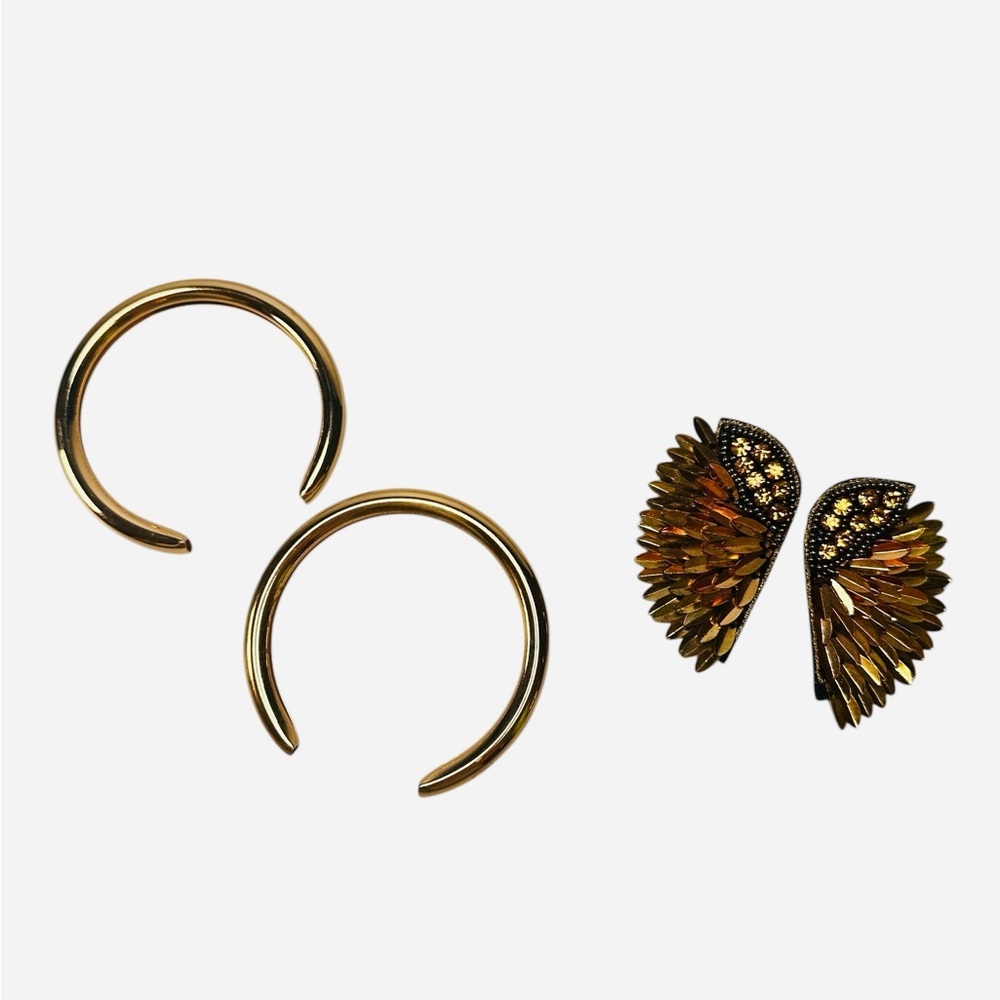 Vintage Wings & Semi  Circle Oversized Gold Tone Earrings 2